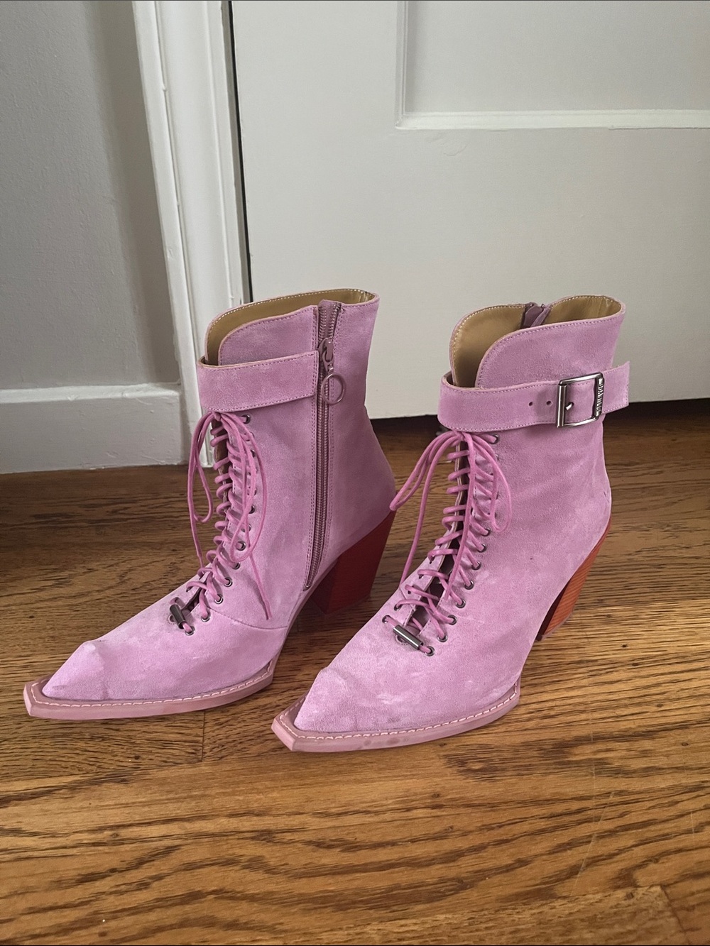 Pink Suede Lace-Up Ankle Boots with Buckle Strap